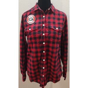 Georgia Bulldogs Women's Medium Black Red Plaid Flannel Button Down B5